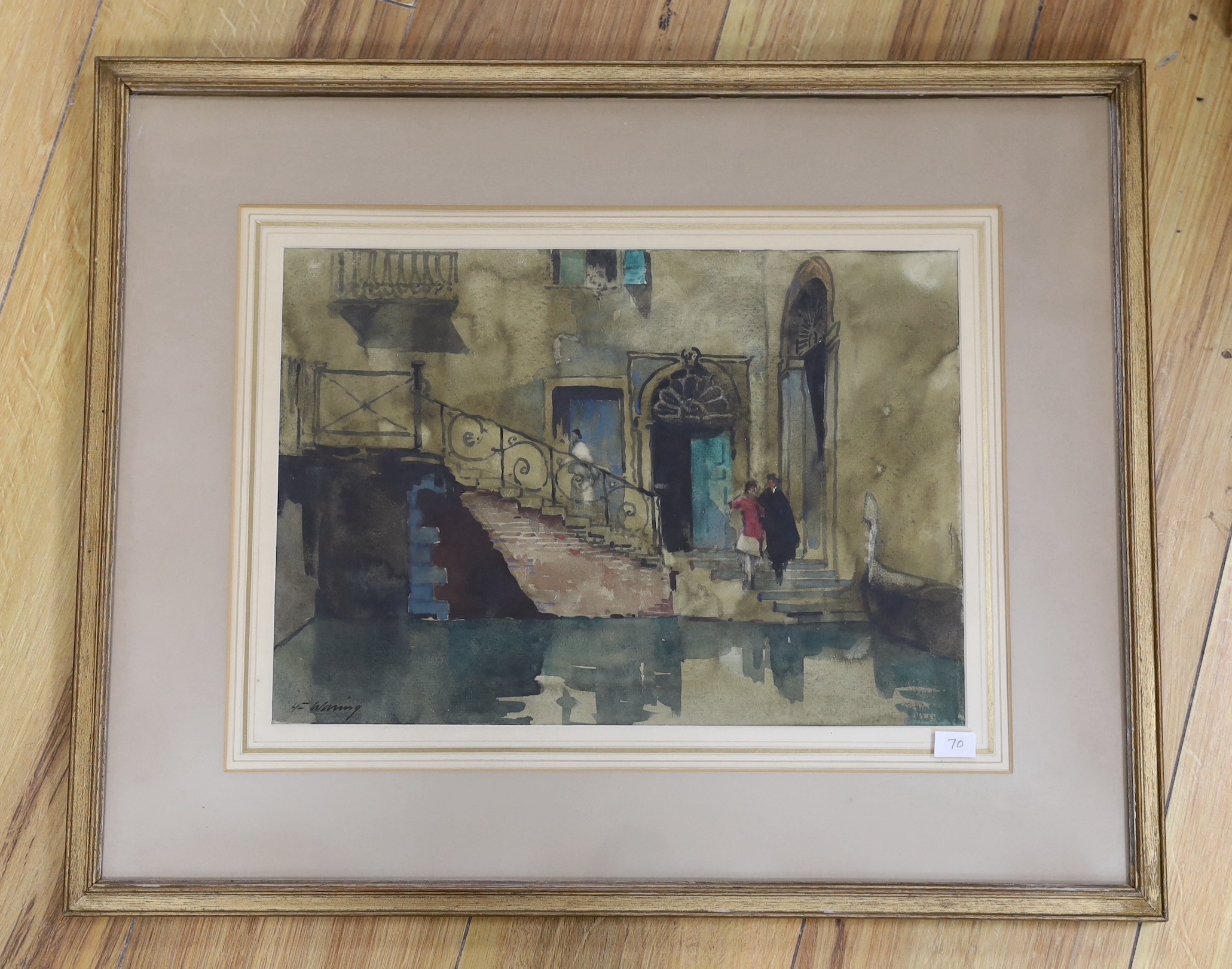 Henry Franks Waring (fl.1900-1928), watercolour, View of figures on a step in Venice, signed, gallery label to reverse, 24 x 34cm